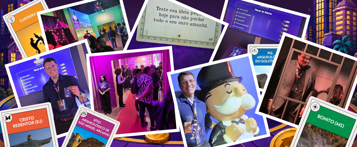 Excited attendees and gameplay moments during the kickoff of MONOPOLY Experience: Tesouros do Brasil.