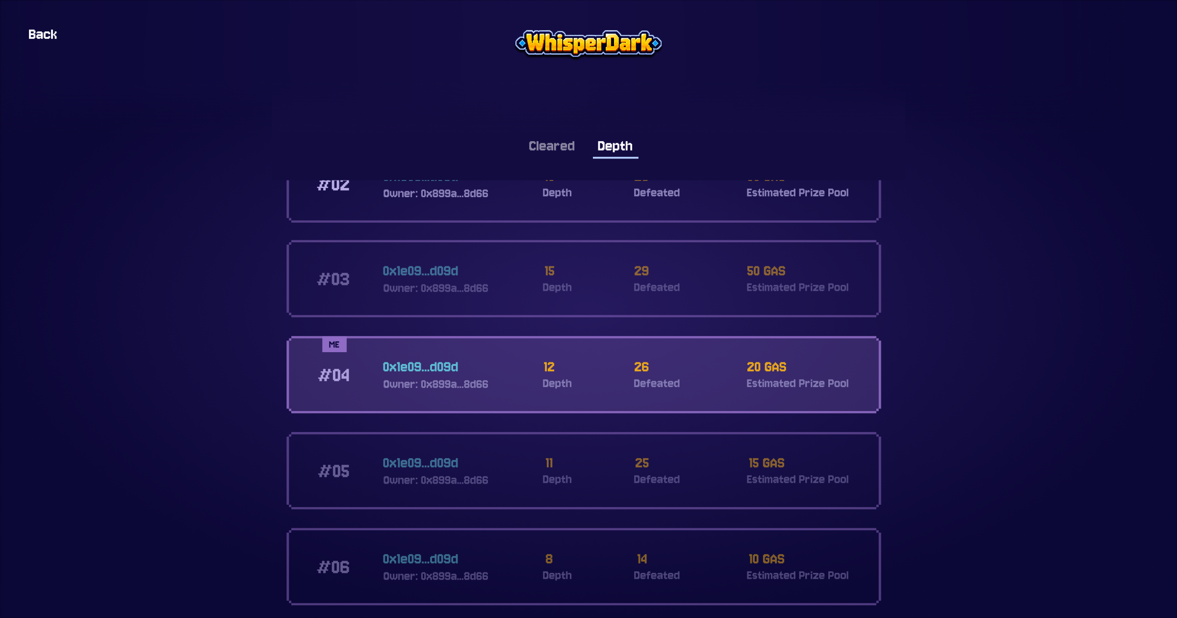 WhisperDark live leaderboards showing Cleared and Depth rankings.
